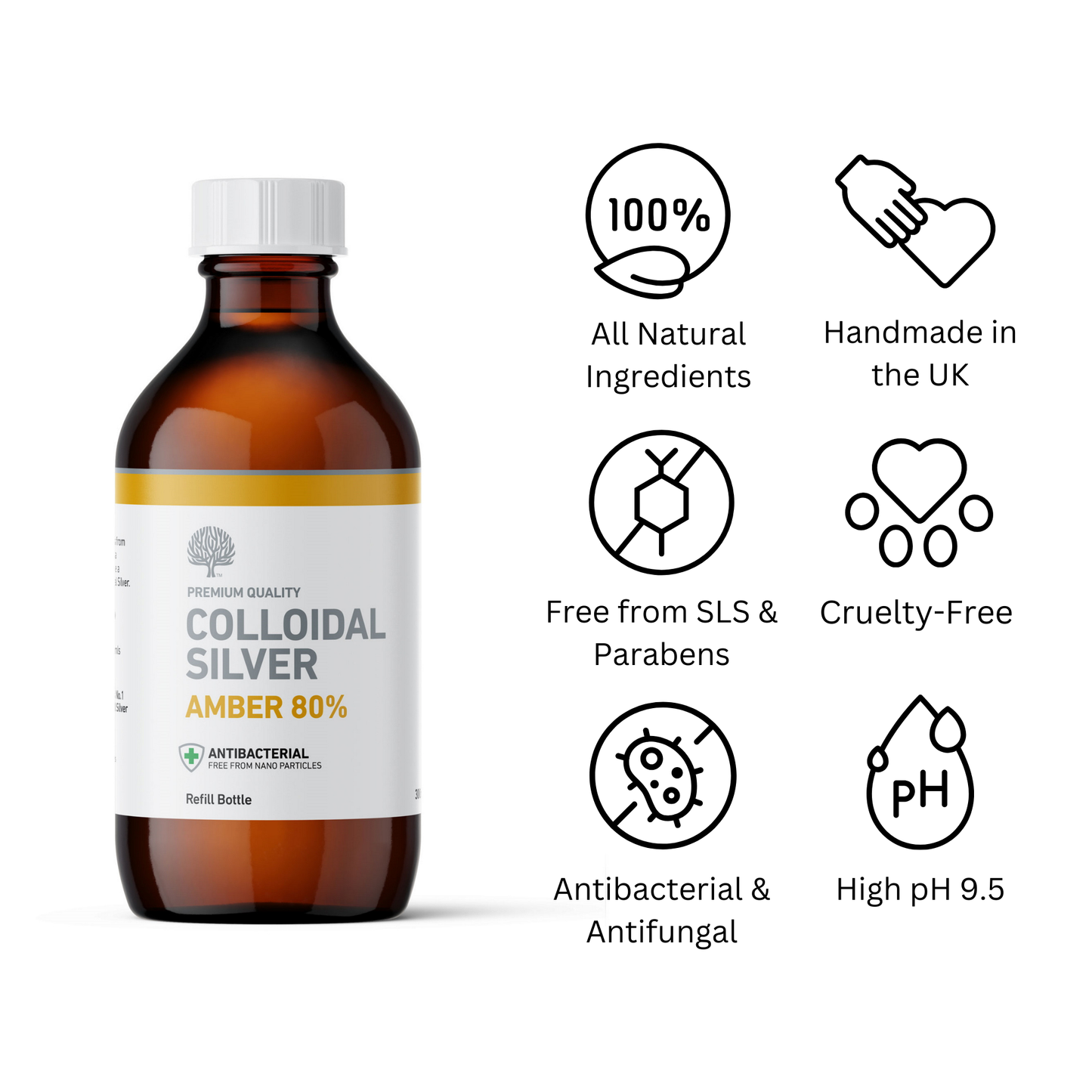 Amber 80% True Colloidal Silver Bottle - 300ml image 1