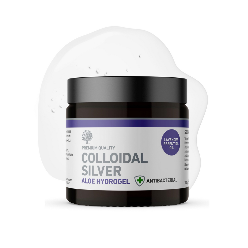 Amber-toned lightweight colloidal silver gel texture on skin
