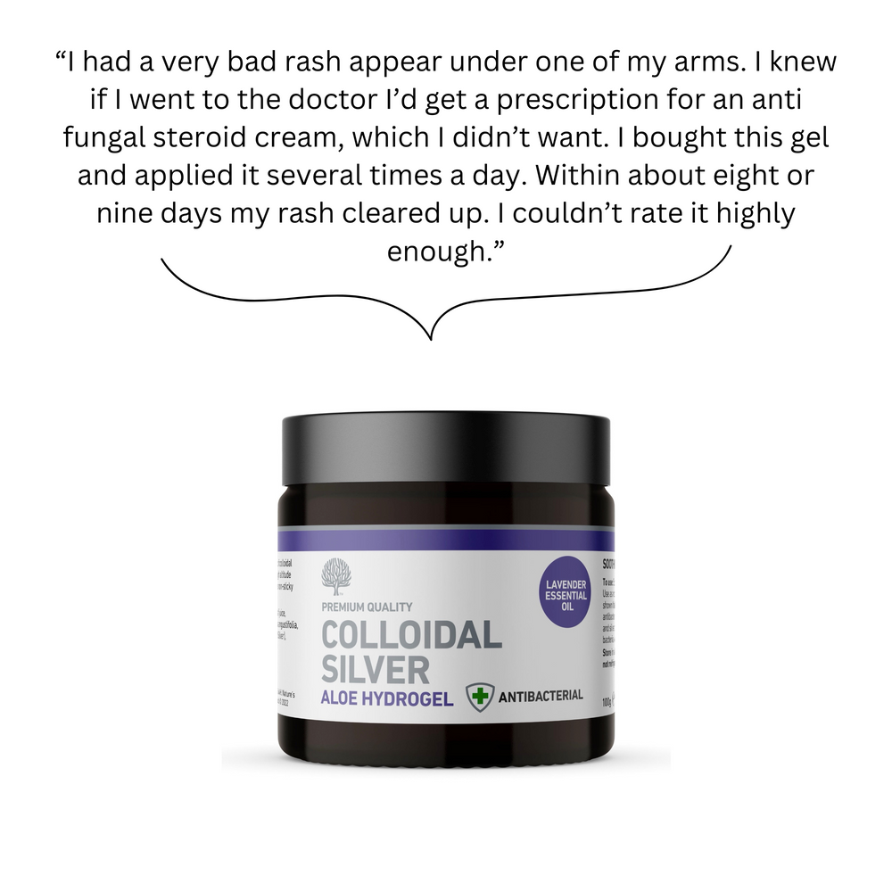 
                  
                    Natural ingredients used in the gel: colloidal silver, aloe vera juice, lavender oil”
                  
                